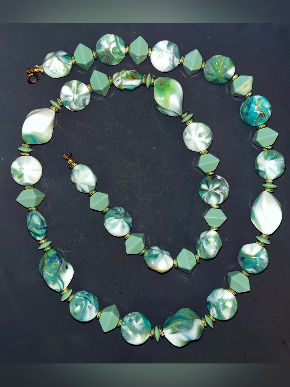 Vintage Green White Teal Marbled Beaded Statement Necklace 31”